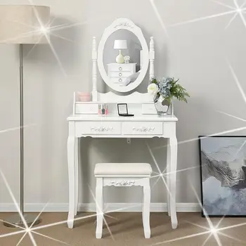 

Net Red Dresser Table Set With Mirror Dressers Makeup Adjustable 4 Drawers Rubber Wood European With Stool Bedroom Furniture HWC
