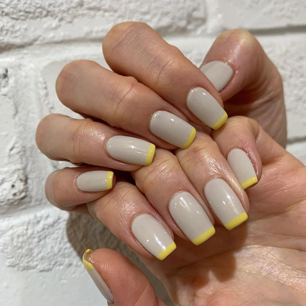 24pcs French Gray False Nails With Yellow Line Designs Square Head Short  Fake Nails Nail Art Tips Press On Nails Stick-on Nails - False Nails -  AliExpress