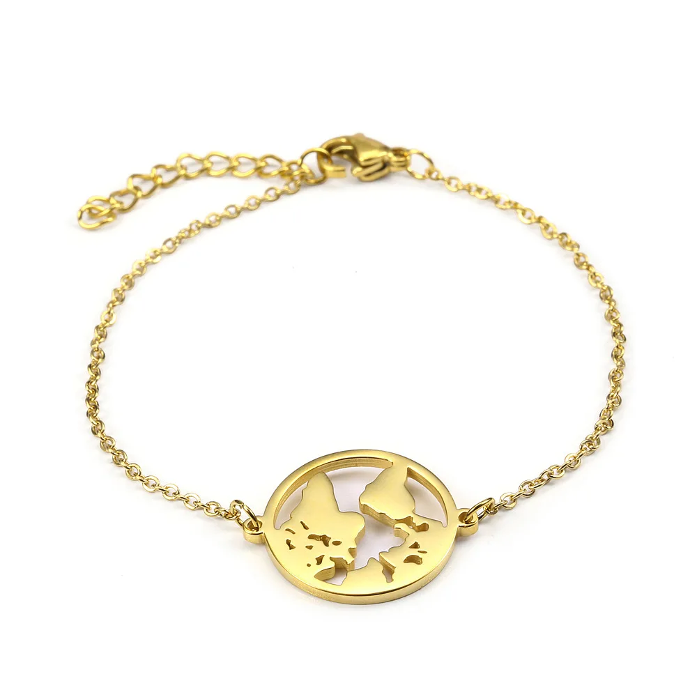 

World Map Bracelets For Women Titanium Steel Gold Chain Simple Round Hollow Charm Bracelets Bangles Friendship Travel Jewelry