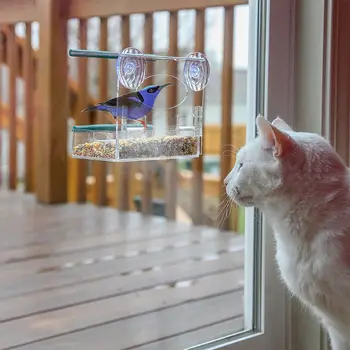 

Clear Glass Window Bird Feeder Hanging Removable Seed Tray Easy to Refill Clean GXMA