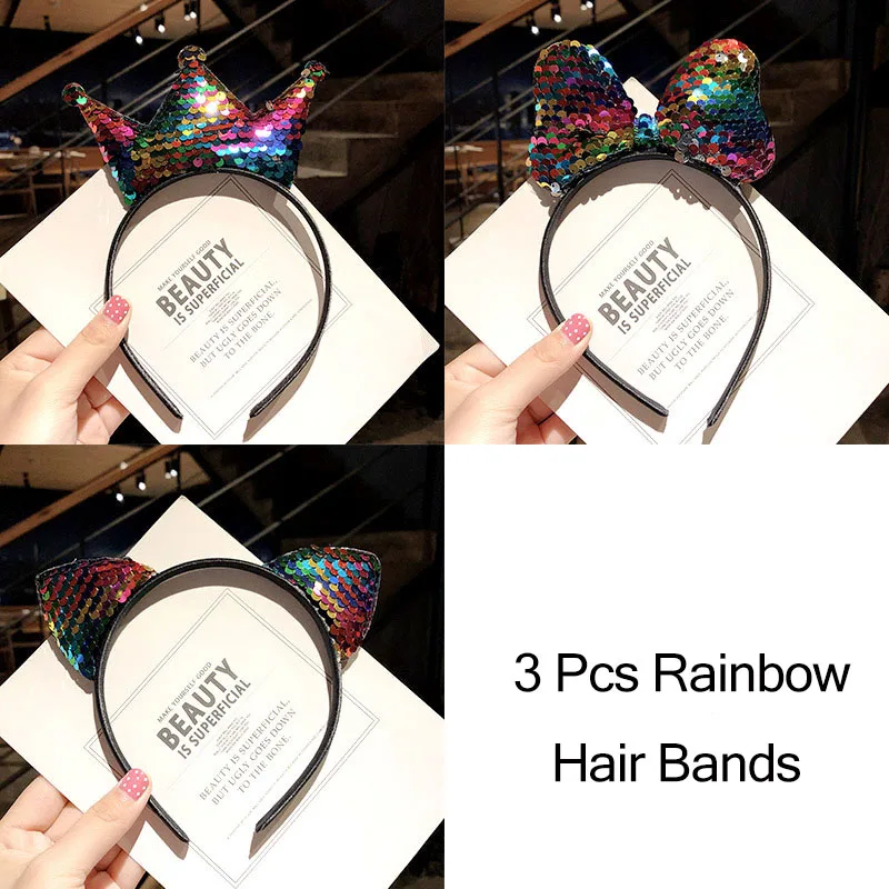 

3Pcs/Set Girls Rainbow Reversible Sequin Headbands Ears Bow Hairbands Hair Ornament Party Headband Kids Fashion Hair Accessories