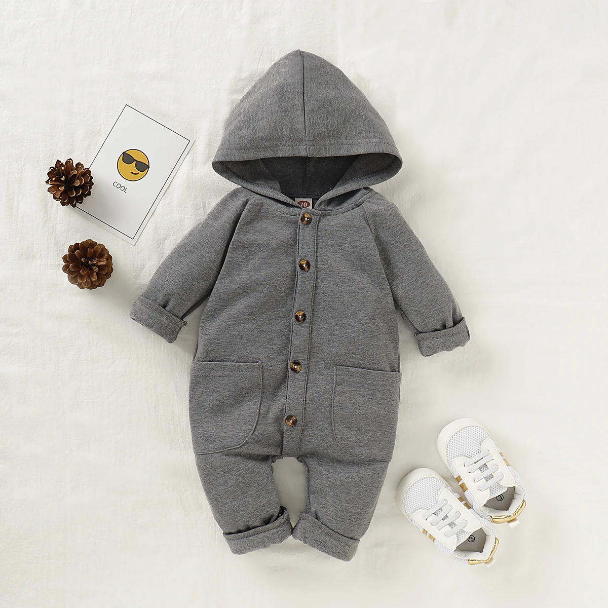 Baby Spring Autumn Clothing Newborn Infant Baby Boy Girls Kid Solid Long Sleeve Hooded Button Pockets Romper Winter Warm