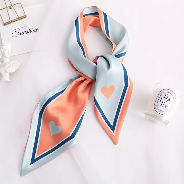 Sweet Love Print Women Small Silk Scarf Handle Bag Ribbons Female Head Scarves Sharp angle Green 90*10cm 31
