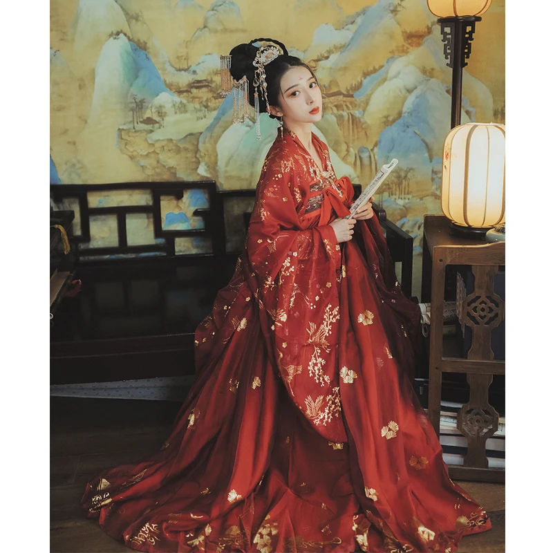 Красное платье Hanfu, костюм для народных танцев, китайский традиционный Национальный костюм феи, костюм древней династии Хань, наряд принцессы для сцены SL1719