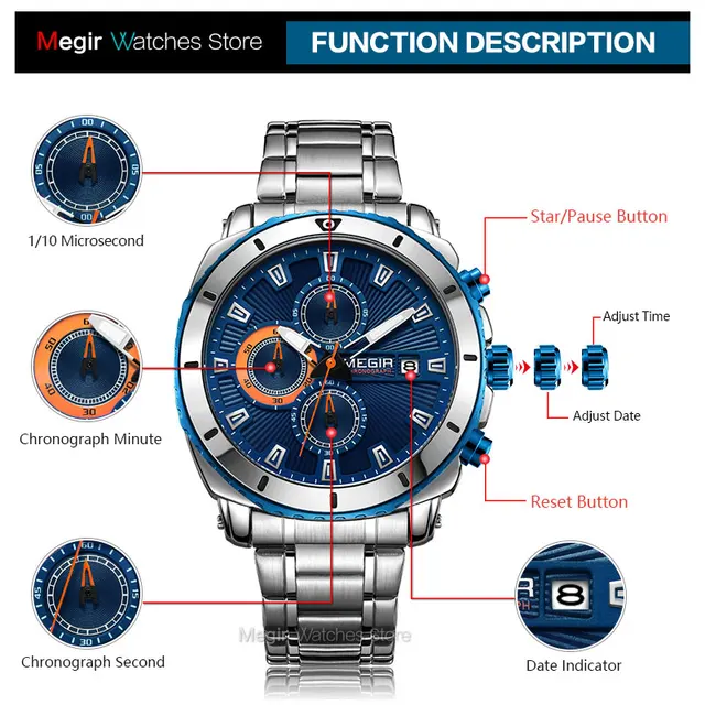 MEGIR Men's Blue Dial Chronograph Quartz Watches Fashion Stainless Steel Analogue Wristwatches for Man Luminous Hands 2075G-2 5