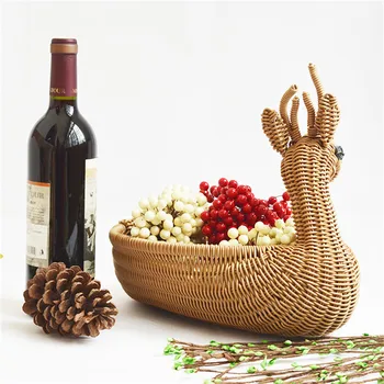 

Handmade Rattan Woven Basket Creative Cartoon Animal Deer Shaped Bread Vegetable Snacks Storage Trays Home Kitchen Organizer