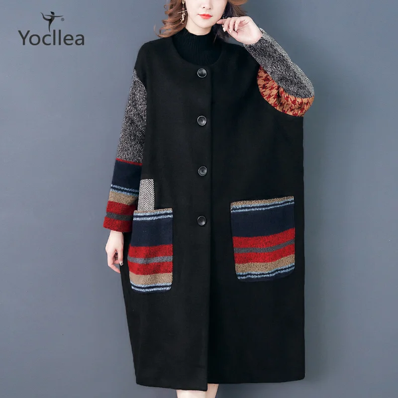 5XL лоскутное шерстяное пальто для женщин осень зима теплая длинная куртка с большими карманами Свободная Повседневная Верхняя одежда Топы Плюс Размер Женская одежда