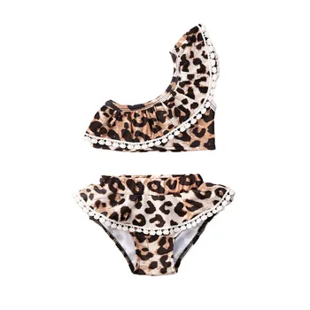 

Kids Baby Children Girls Swim Bikini Set One Shoulder Ruffles Leopard Print Tassel Cute Swimwear Swimsuit Bathing Suit Beachwear