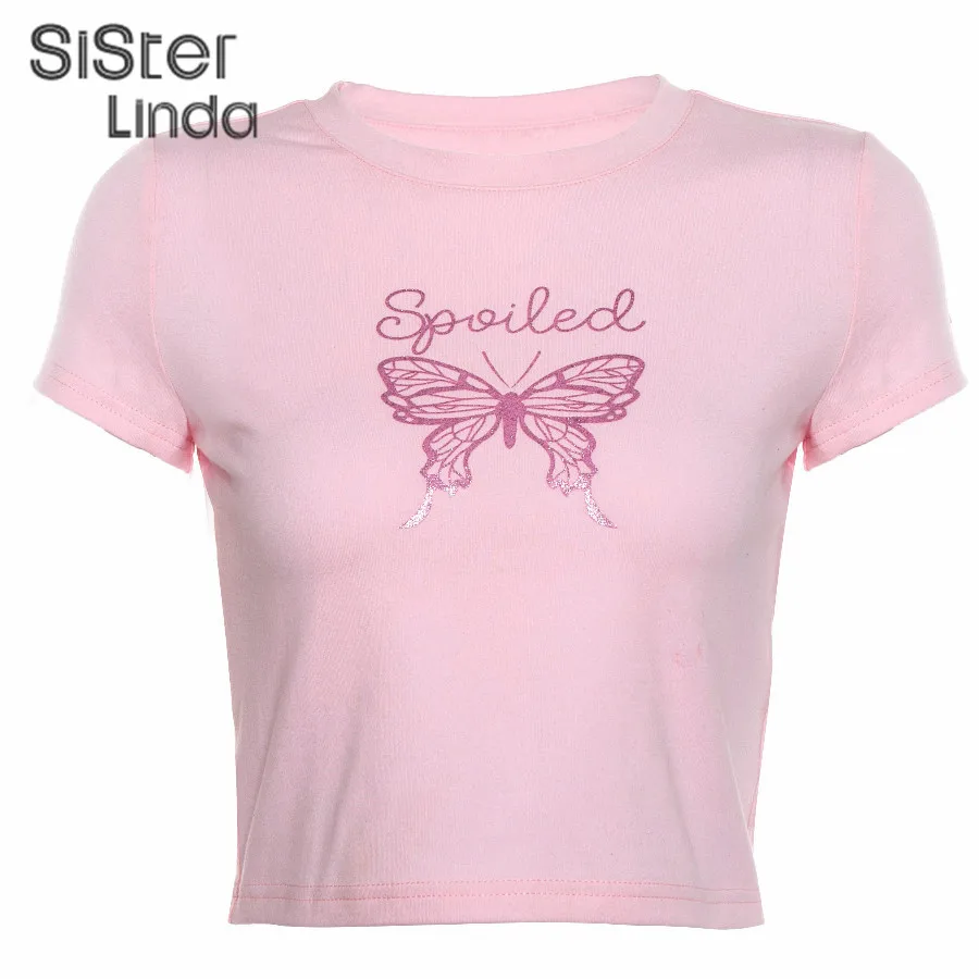 Sisterlinda/хлопковые топы с принтом милой бабочки, женские футболки, футболки для улицы, базовые тонкие женские топы с коротким рукавом, Mujer