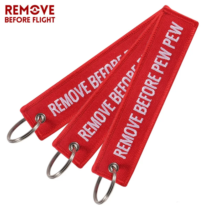 

3 PCS/LOT Red REMOVE BEFORE PEW PEW Keychain for Aviation Gift Christmas Keychains Luggage Tag Embroidery Crew Key Chain