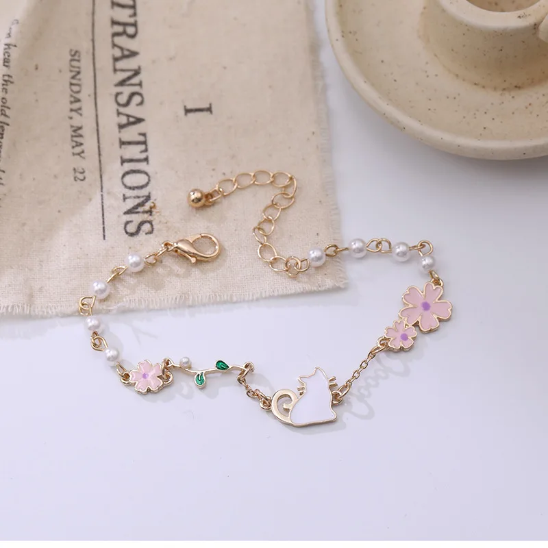 

2020 Sweet Simulated Pearls Cat Flower Chain Bracelet for Women Girl Student Hand Jewelry Female Woman Bracelet