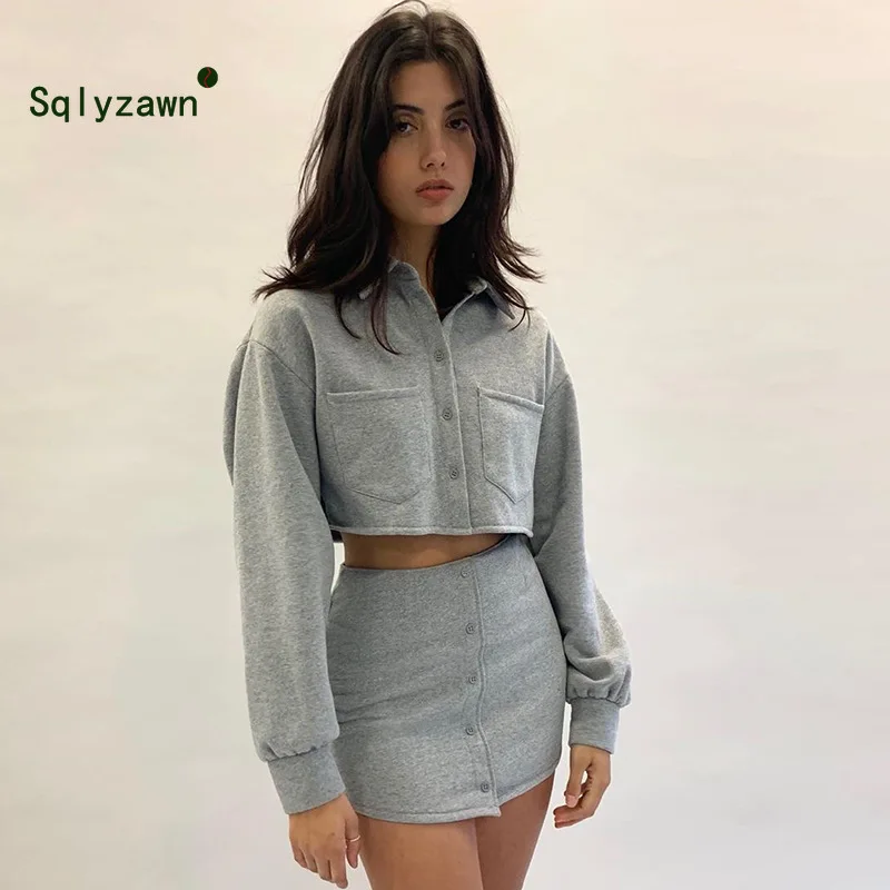 

Autum Two Piece Set Women Turn-down Collar Long Sleeve Button Jacket and Mini Skirt Set Matching Sets Female Clothes Outfits
