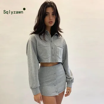 

Autum Two Piece Set Women Turn-down Collar Long Sleeve Button Jacket and Mini Skirt Set Matching Sets Female Clothes Outfits
