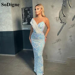 SoDigne Sky Blue Sequin Evening Dresses Shiny One Shoulder Floor Length Mermaid Formal Party Dress Prom Gowns Vestidos