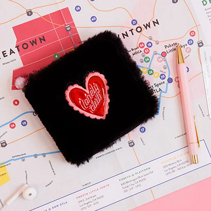 1PC Mini Plush love Square Wallet Laser PVC Wallet Pink Black Women Lady Coin Purse Wallet Winter Harajuku Small Wallet Dropship
