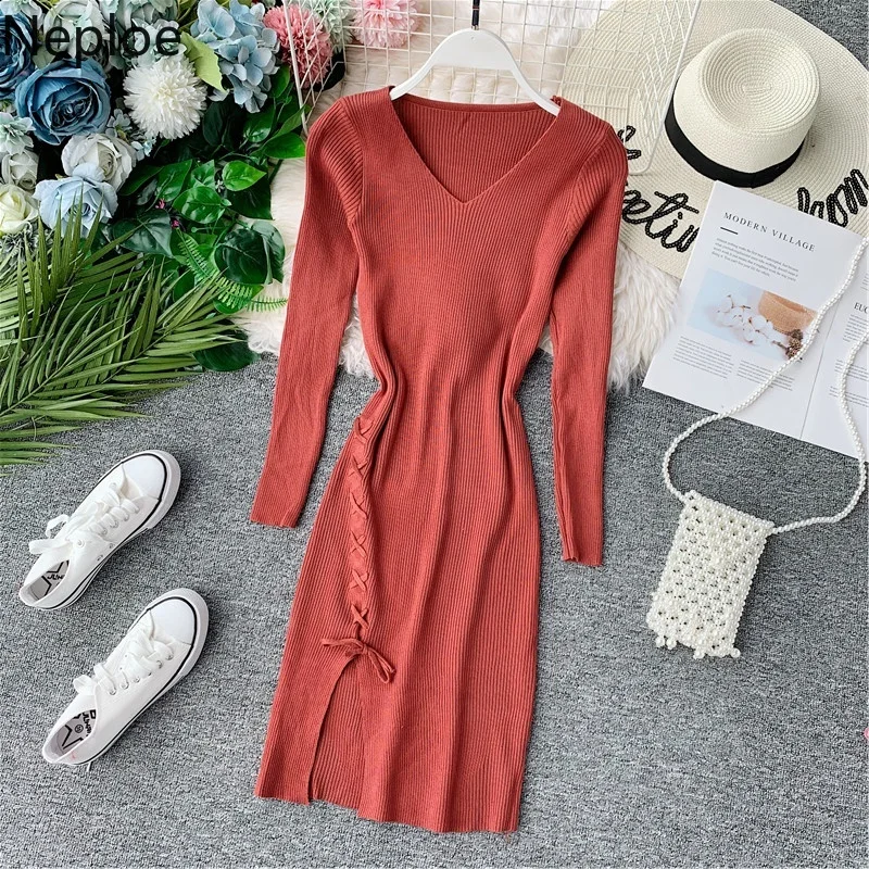 

Neploe Autumn Winter V Neck Split Knit Wool Dress Slim Fit High Waist Bodycon Bottom Vestidos Sweet Cross Drawstring Dress 45597