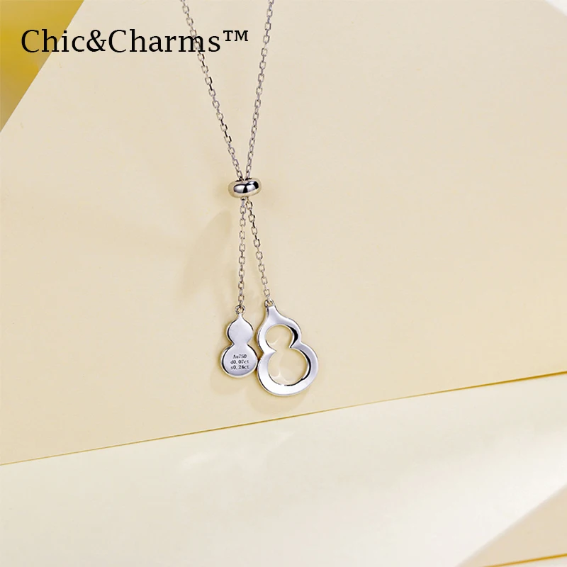 Chic&Charms 9K&14K Real White Gold Natural Diamond Sapphire Chains Necklaces Gourd Pierced women Necklace