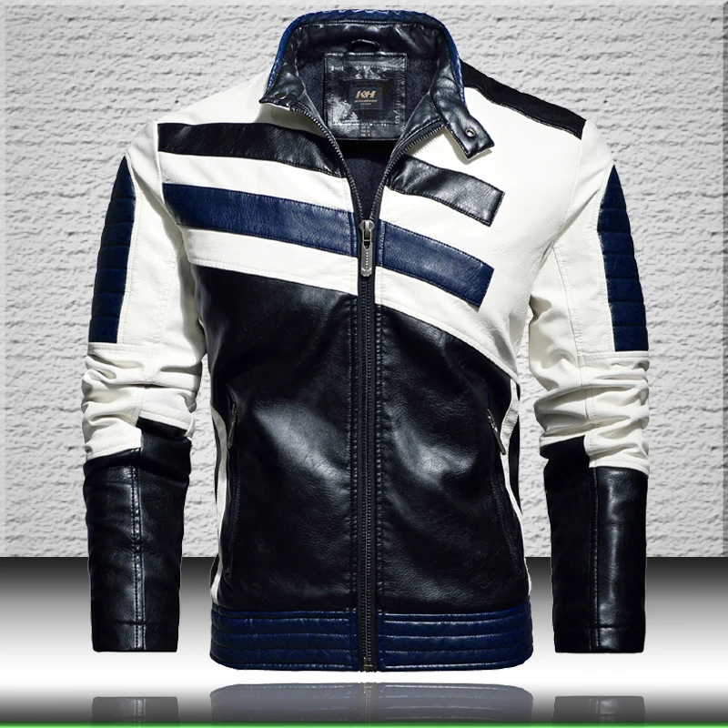 Chaqueta de cuero de motociclista a rayas para hombre, abrigos de motociclista a la moda de retales, chaqueta de cuero de imitación con cuello levantado, estilo a la moda, 2020