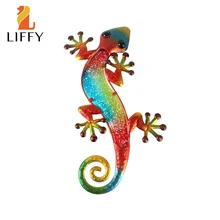 Metal Red Gecko Wall Decoration with Glass for Home and Garden Statues Sculptures Miniatures Fairy Jardín Ornaments Patio Yard