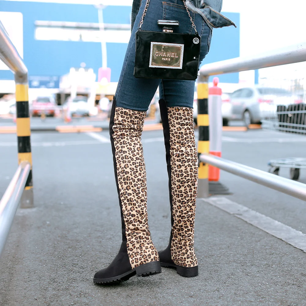 Women's Leopard High Boots Winter Long Tube Boot Lady Stylish Sexy Over-the-Knee Low Heel Shoes Thigh-High Suede Boot Party