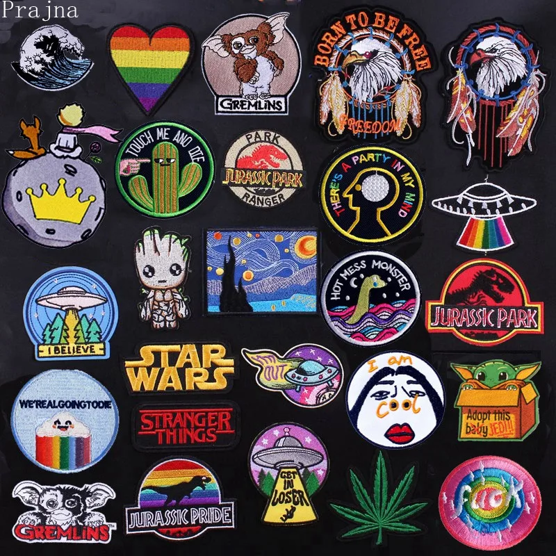 

Prajna Hippie Stranger Things Patch Iron On Cheap Embroidered Patches For Clothes Stripes DIY Skull Rock Patch Metal Space Parch