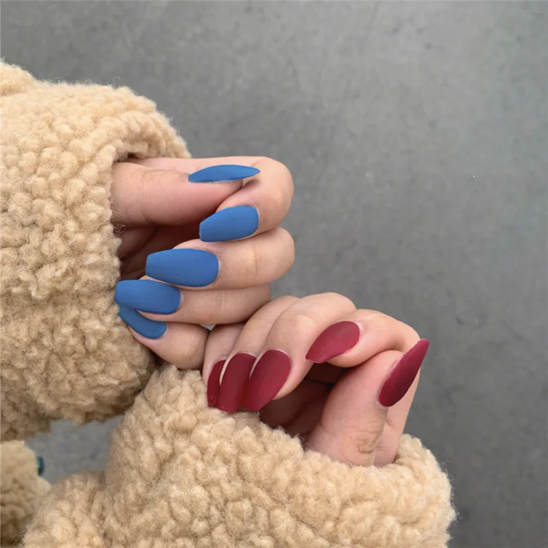 

24pc/set New Full Cover Stiletto Nail Tips French Style Matte Blue Red false Nails Solid Color Fake Nails With Glue