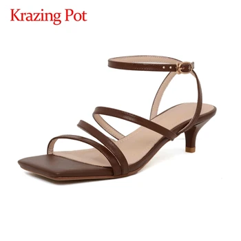 

Krazing pot european style superstar high street fashion mature big square toe med thin heels summer sandals buckle straps L23
