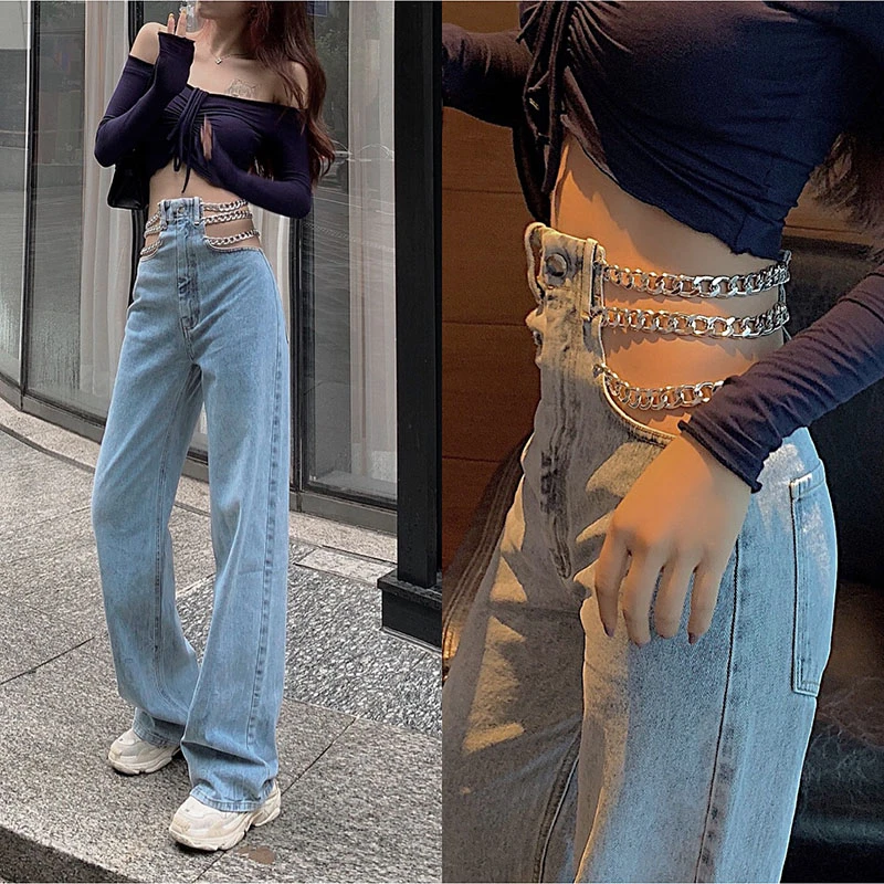 streetwear Side Cross Chain Hollow Out Wide-leg Women's Jeans High Waist Pants Sexy Elegant Ladies Europe Fashion Jeans KZ355 streetwear Side Cross Chain Hollow Out Wide-leg Women's Jeans High Waist Pants Sexy Elegant Ladies Europe Fashion Jeans KZ355