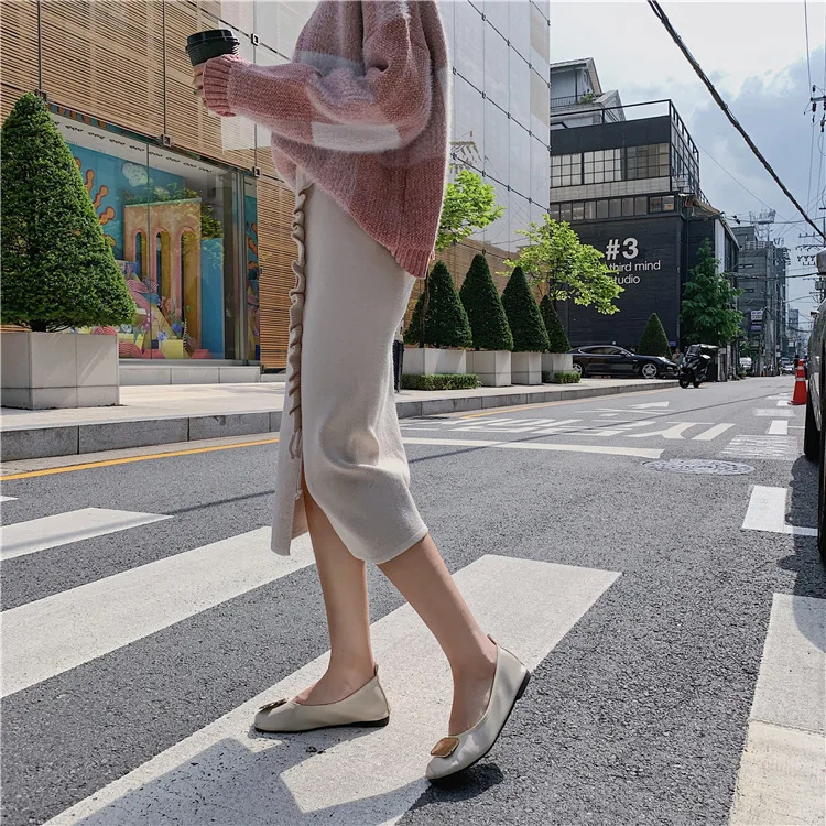 Новое поступление; сезон осень-зима; 2 цвета; Корейская версия; прямая юбка с разрезом; Длинная Трикотажная хлопковая юбка;