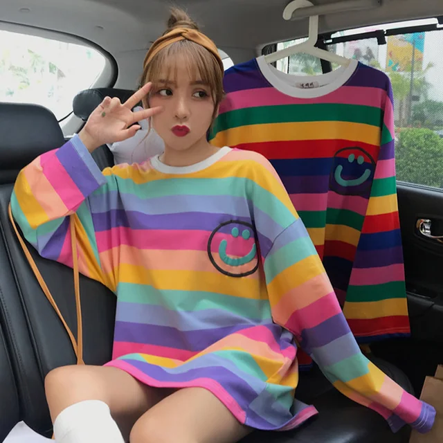 US $7.31 korean style autumn big size T-shirt for Female Ulzzang cute Rainbow stripes T Shirts Harajuku loos