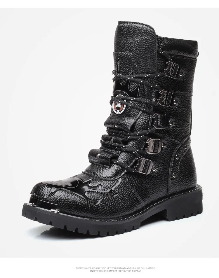 Men's Leather Motorcycle Boots Male Mid-Calf Snow Boots Military Combat Boots Gothic Belt Punk Boots Zapatillas Hombre