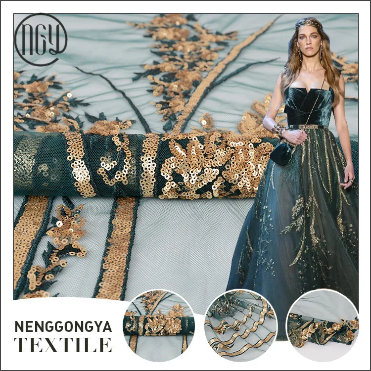 New Gold Sequin Women Lace Fabric Party Dress Embroidered Mesh Gauze Embroidery Fabric Wedding Evening Dress French Lace Fabric