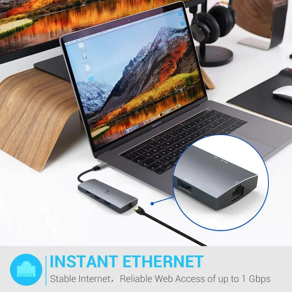 USB C многопортовый адаптер для Apple MacBook Pro 13/15(Thunderbolt 3),, Mac Air USB C Hub, HDMI 4 K, 2USB 3,0, Gigabit