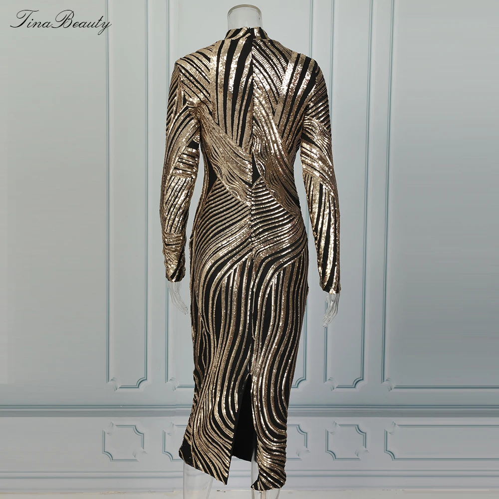 Najtaniej Tina Beauty eleganckie cekinowe sukienki Celebrity Glitter kobiety Plus rozmiar złoty Midi golf długa sukienka na przyjęcie na bal wieczorowy