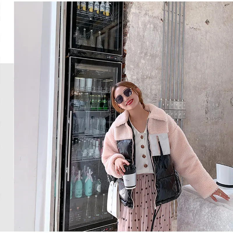 Winter Faux Fur Women's Cotton Coats Patchwork Warm Female Coat Short Plush Long Sleeve Turn-down Collar Ladies Jacket