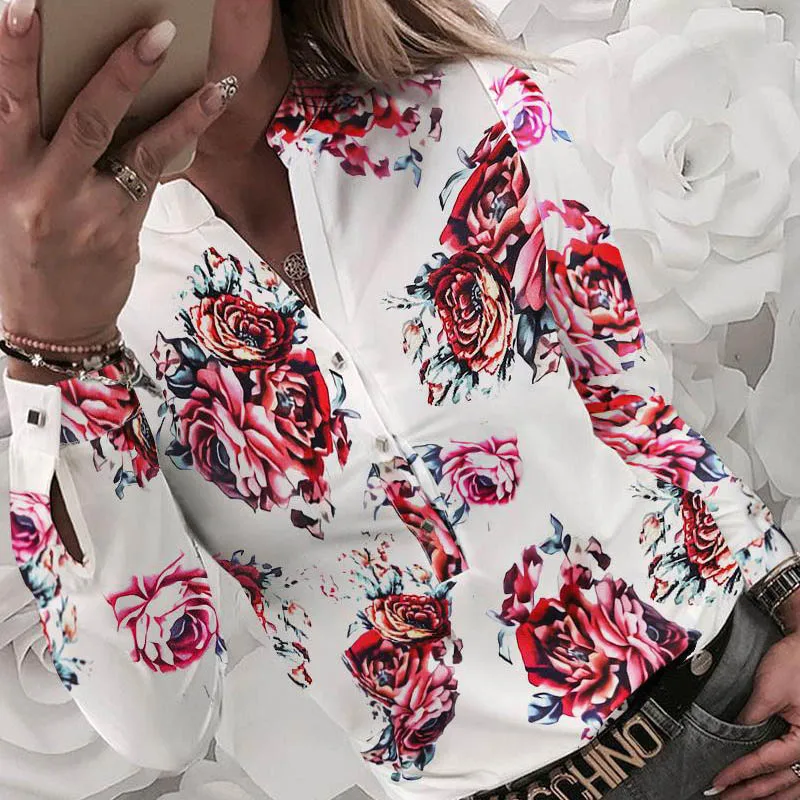Floral print Fanbety, Офисная Женская блузка с цветочным принтом, рубашки, женские осенние сексуальные топы с v-образным вырезом и пуговицами, Элегантная туника с буквенным принтом, Blusas 5XL - Цвет: Floral print