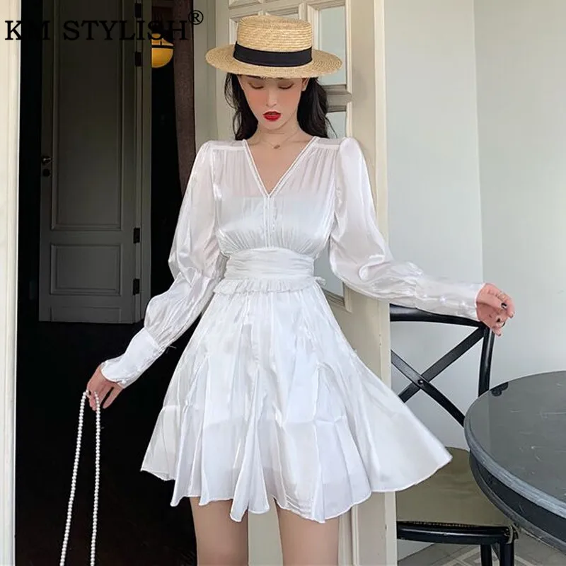 Для женщин одежда Vestidos Винтаж фея леди вечерние белое платье пикантные Светоотражающие v-образный воротник, французское кружево Талия цельное платье