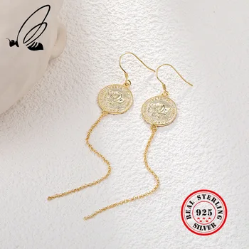 

925 Sterling Silver Drop Round Figure Tassels Earrings For Women Coin Gold Summer Aretes De Mujer Pendientes Moda 2019 Bijoux