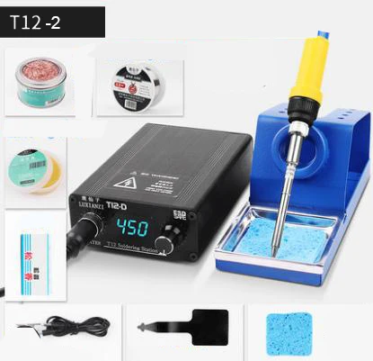 T12-2 1 комплект T12 паяльная станция+ T12 черная паяльная ручка+ противоскальзывающая Силиконовая накладка+ сварочный провод+ паяльный набор+ губка+ канифоль - Цвет: T12-2