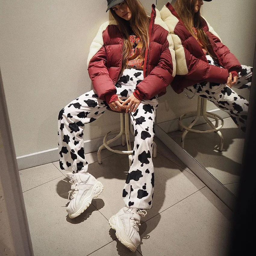 

Lusofie Casual Loose Milk Cow Printed Pants Women Elastic High Waist Trousers Ladies Baggy Straight Sweatpants Summer Korean