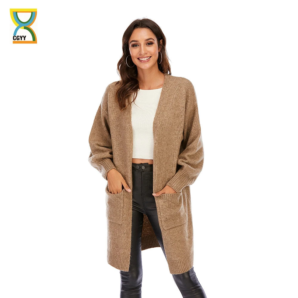 CGYY Autumn Winter Elegant Coat Loose Knit Cardigan Soft Stitch Long Sleeve Open Front Coffee Color Sweaters With Pockets