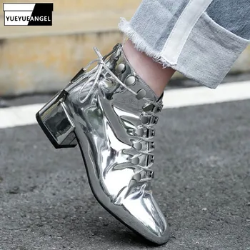 

Women Lace Up Patent Leather Block Heel Runway Ankle Boots Fashion Square Toe Back Zip Silver Black Knee High Boots Plus Size