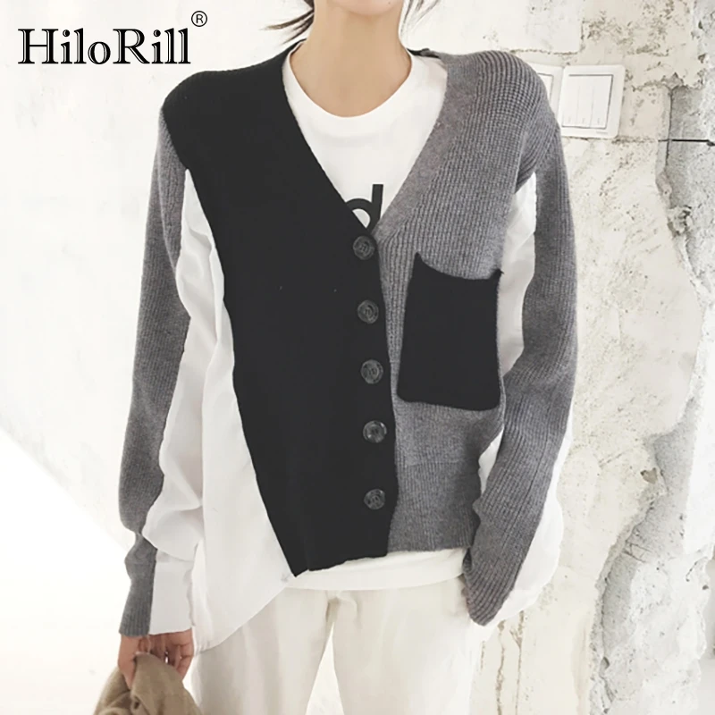

2019 Patchwork Cardigan Women Autumn V Neck Sweater Fashion Casual Long Sleeve Knitted Cardigans Button Pocket Top Pull Femme