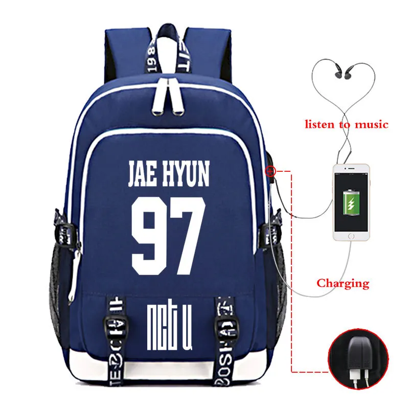 Kpop NCT backpack multifunction USB charging earphone Jack back to school bag fashion NCT 127 Kpop stationery new arrivals - Цвет: Blue JaeHyun