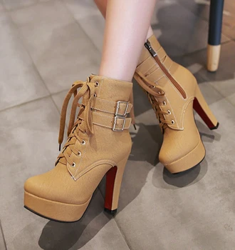 

Thick Heel Platform Ankle Boots Woman Fashion Lace-up Buckle Short Boots 2020 Black Brown Winter New Plus Size High Heel Shoes