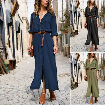 

Nice Pop Women Kaftan Cotton Long Sleeve Plain Casual Button Maxi Long Shirt Dress For Daily Pop 88