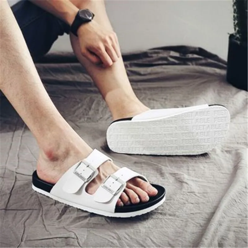 

Men's Double buckle Flip Flops Shoes New Summer Beach Slippers Casual Slides Lovers Slip on Fashion Shoe Plus Size 35-45 Black
