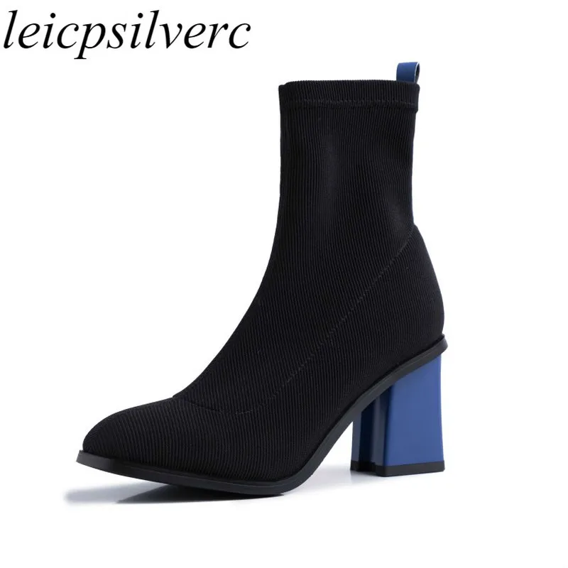

Women Boots Autumn Winter Ankle Shoes High Heel Slip on Square Toe Stretch Boots 2019 New Sexy Fashion Boots Wedding Black Red