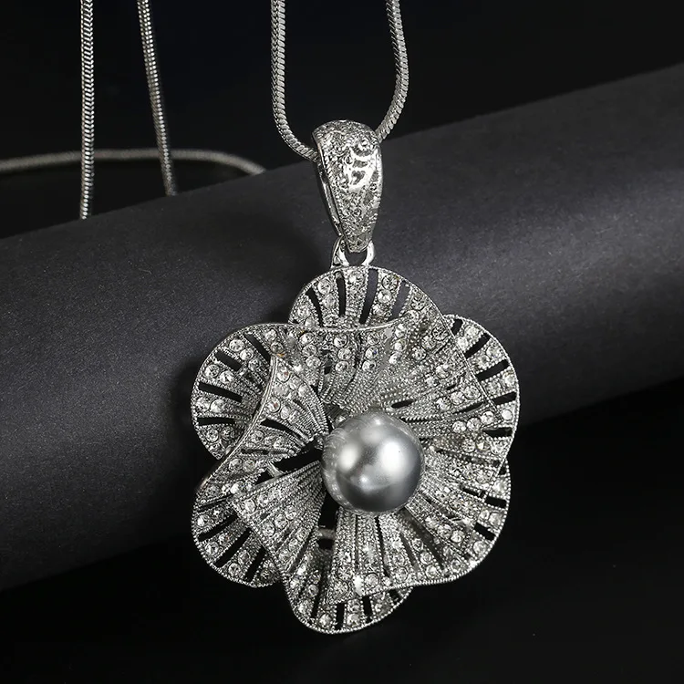 

Handmade Simulated Pearl Flower Long Necklace for Women Wedding Party Jewelry Kolye Collier Femme Pendant Necklace