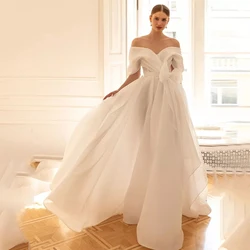 Off-The-Shoulder Ivory Deep V-Neck Chiffon Floor-Length Sleeveless Bridal Gowns Pleat Bow Court Train Sashes Wedding Dresses